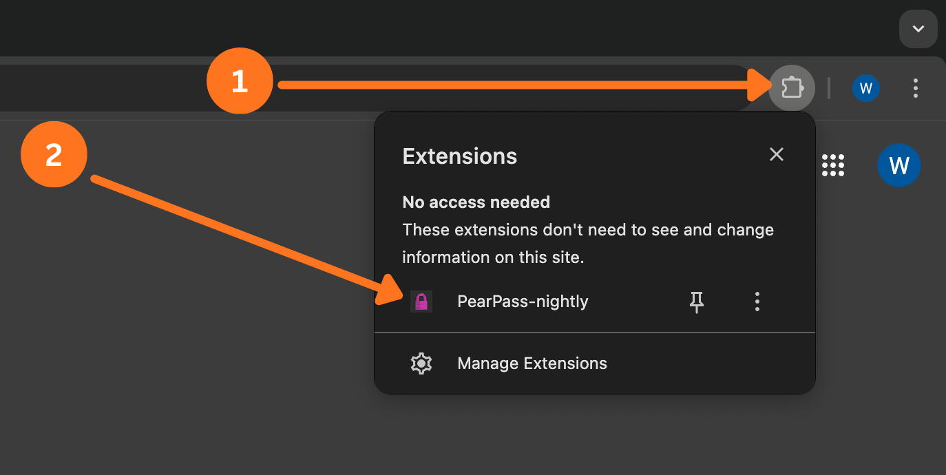 Extensions menu open with PearPass listed in the browser toolbar