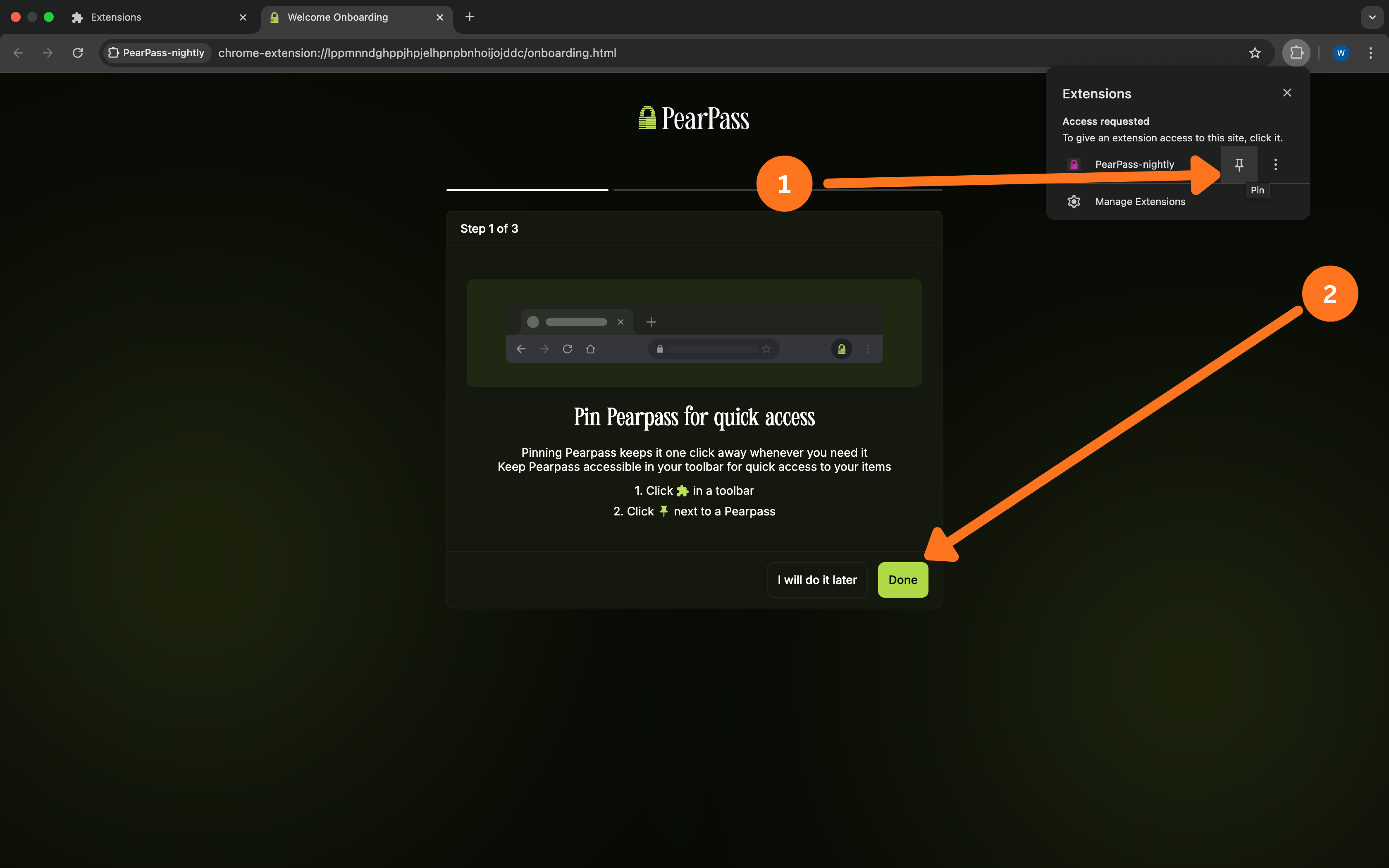 Onscreen instructions to pin PearPass to the browser toolbar