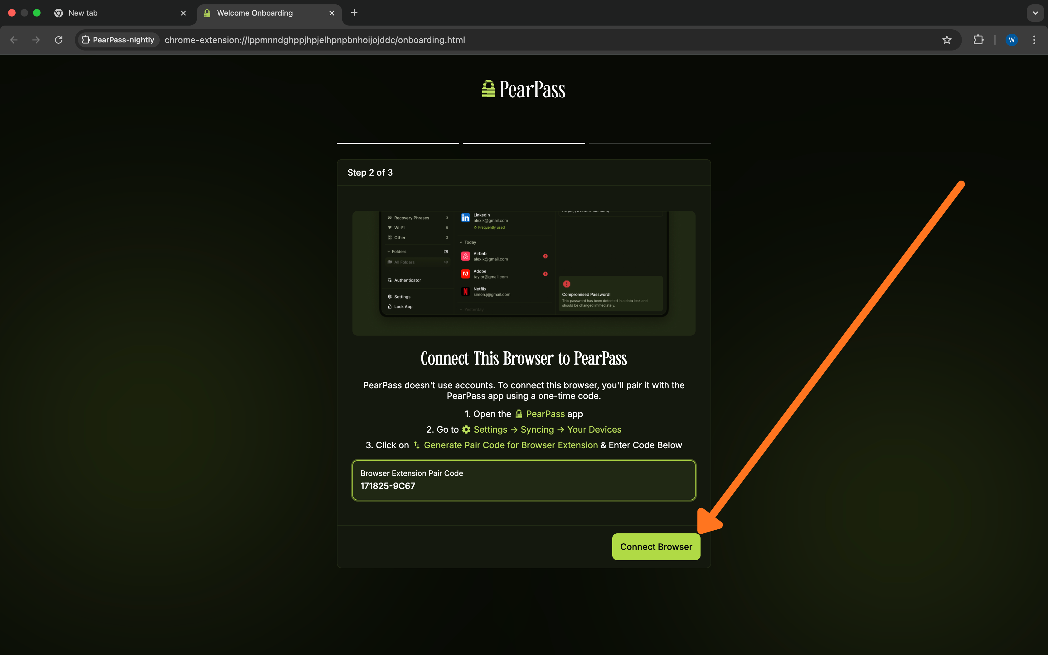 Browser Extension Pair Code field with Connect Browser button